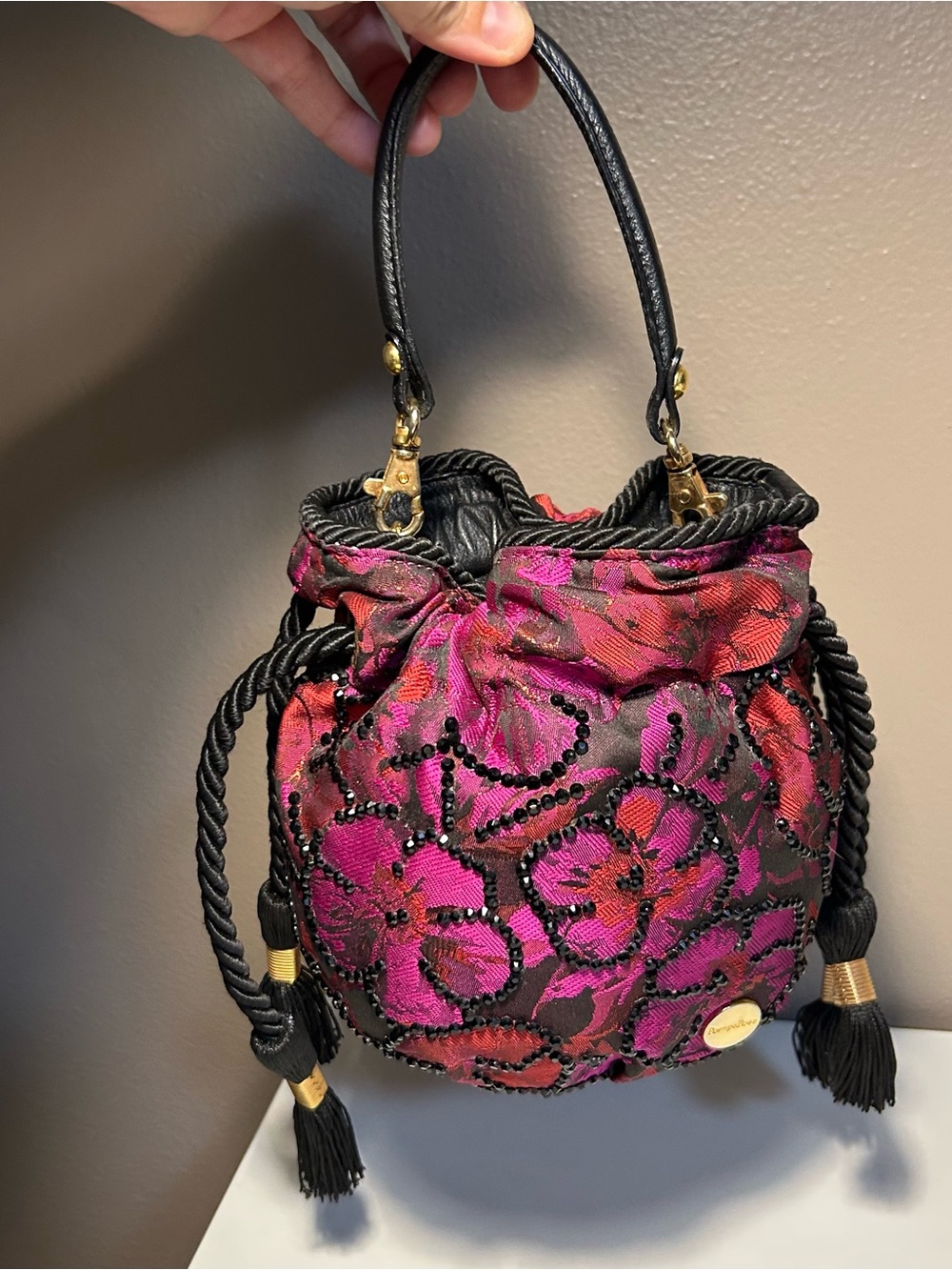 Pomparosa Small Satin Beaded Cinch Handbag Elegant evening pink black floral